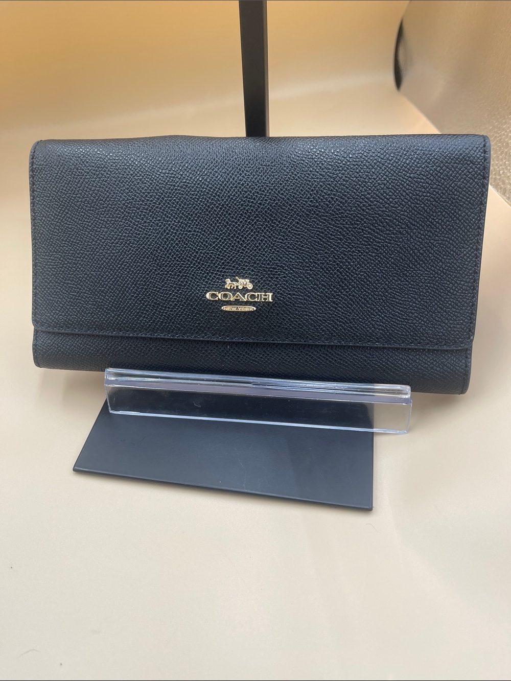 COACH NEW Black Textured Leather Wallet with Gold Hardware